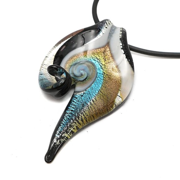 Art Glass Swirl Drop Pendant Necklace Murano Style Italy Gold Blue Black White - Picture 3 of 10